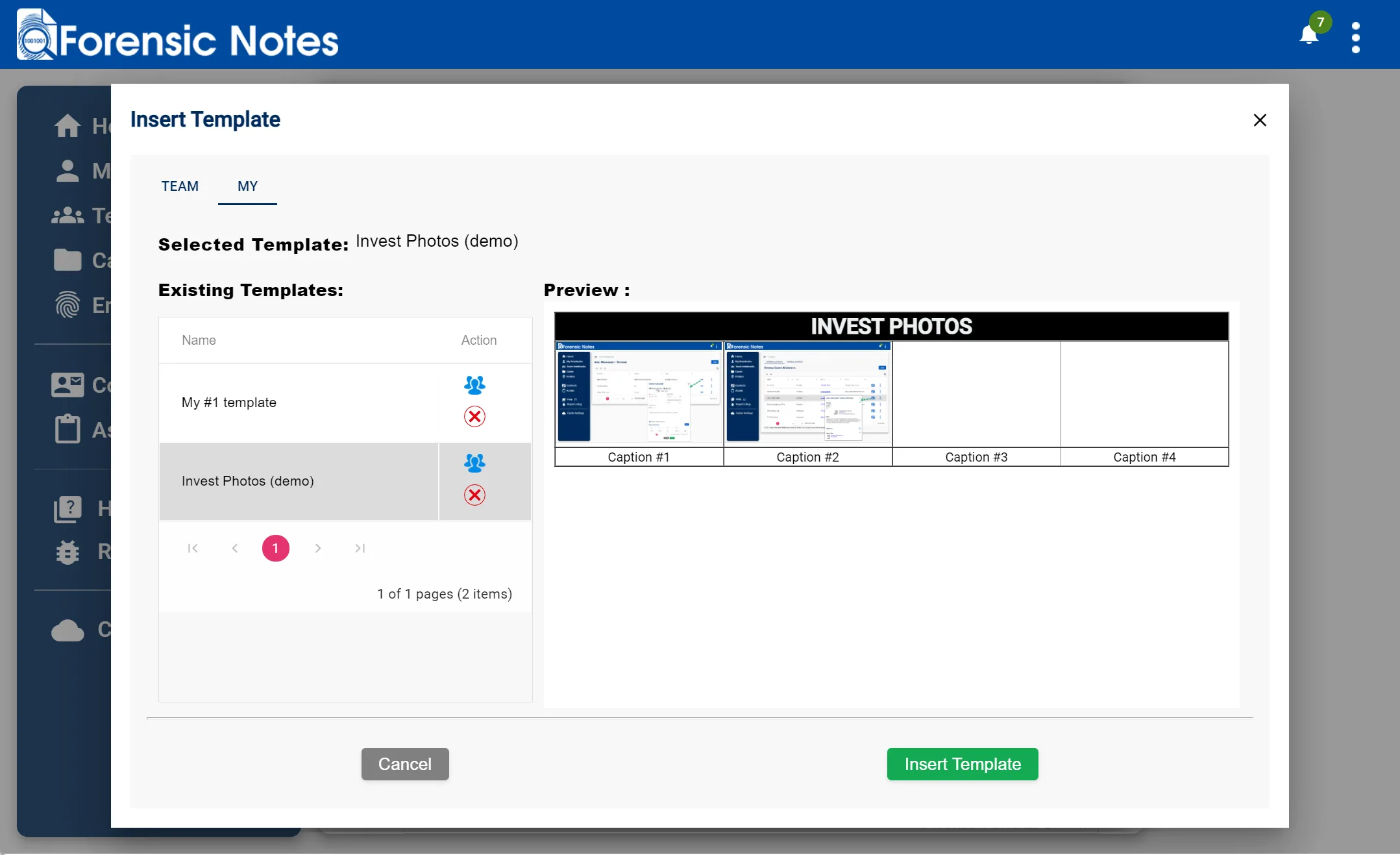 Insert template dialog with preview pane